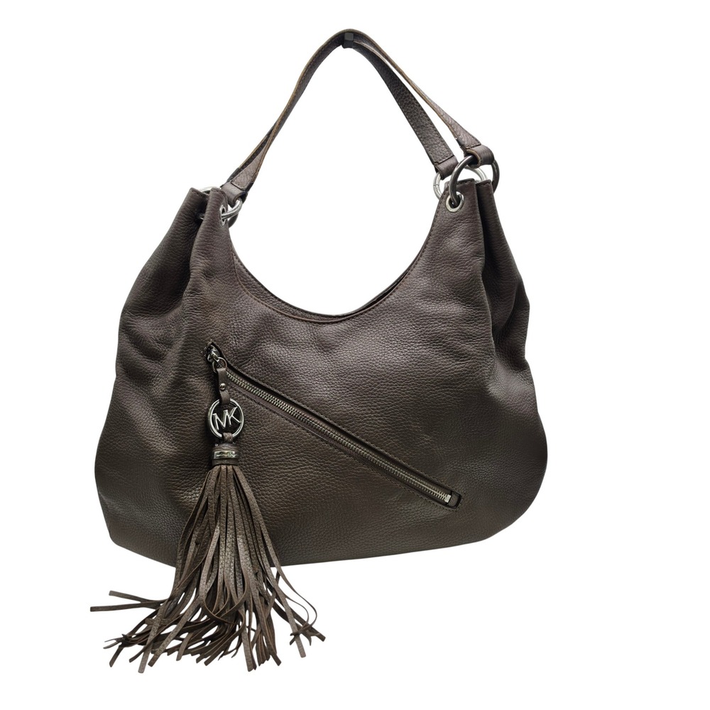 Michael Kors Hobo Bag Womens Large Taupe Good Leather Tassel Charm
